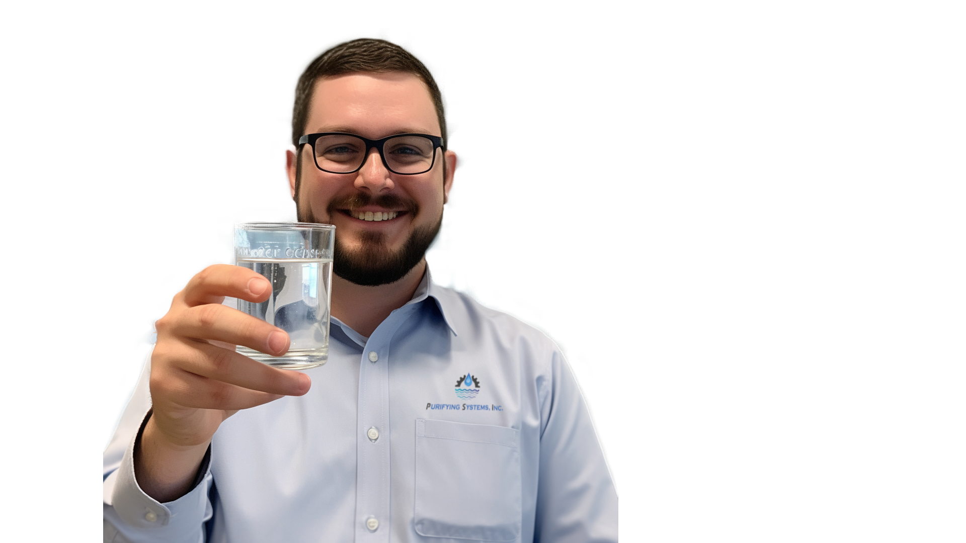 male tech holding glass of water